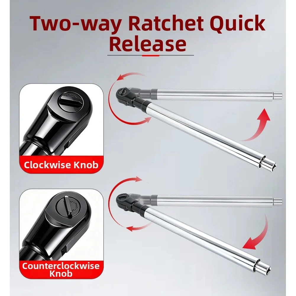 Extended Length 1/2 Inch Ratchet Wrench with 72 Tooth Mechanism for Low Swing Angle Operation in Confined Areas