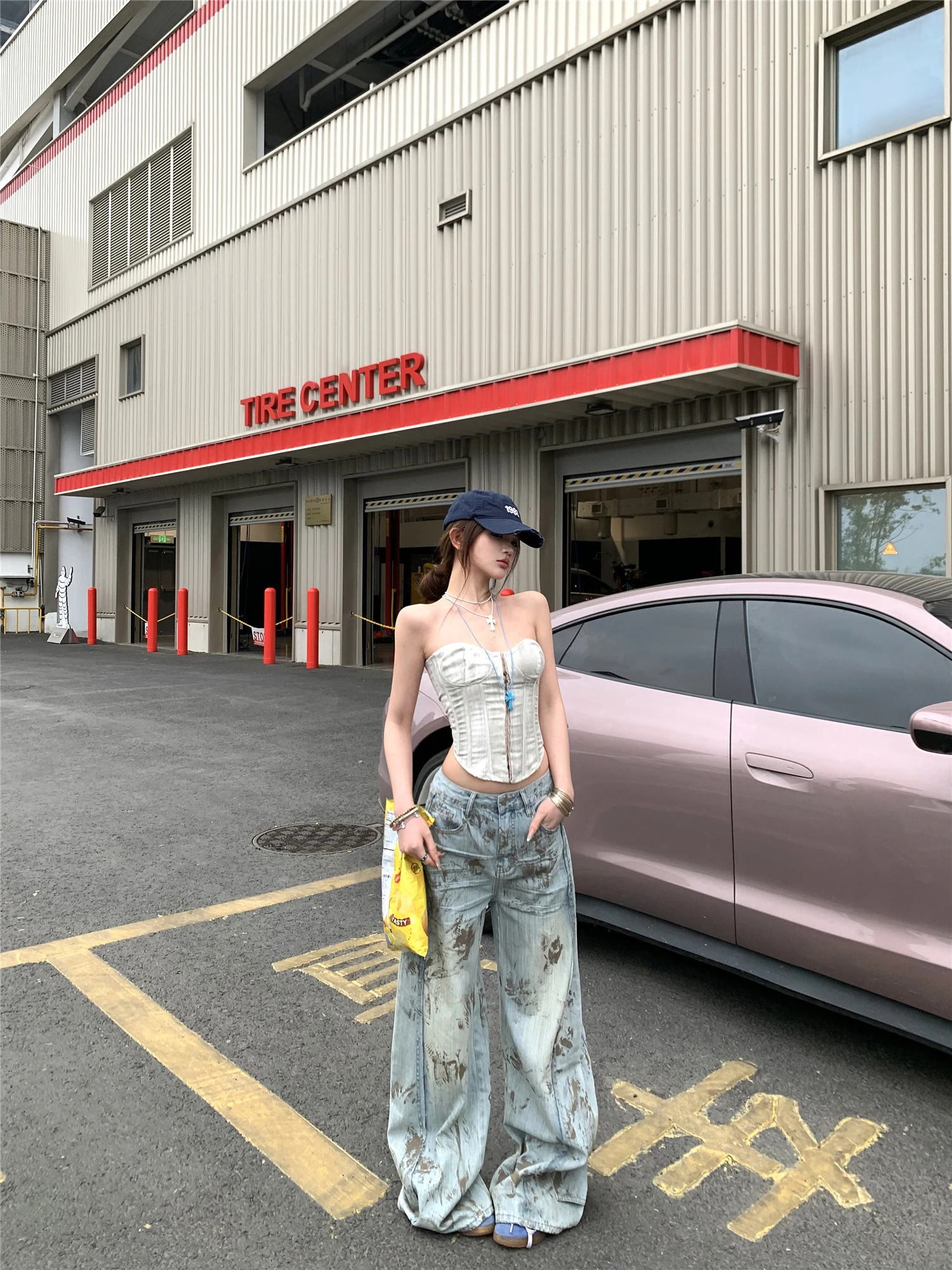 Retro Faded Wide Leg Denim Jeans Women's Low Waist Straight Leg Pants American Style Loose Lazy Match All Long Trousers