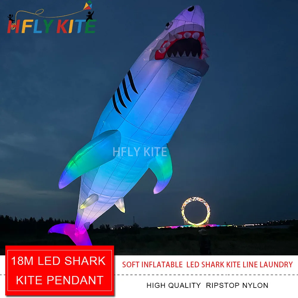 HFLY Nieuwe Aanwinst Zachte Opblaasbare Reuze 18m LED Haai Vlieger Lijn Wasgoed voor Volwassenen Hoge Kwaliteit Nylon Nachtshow Vliegers Hangertje