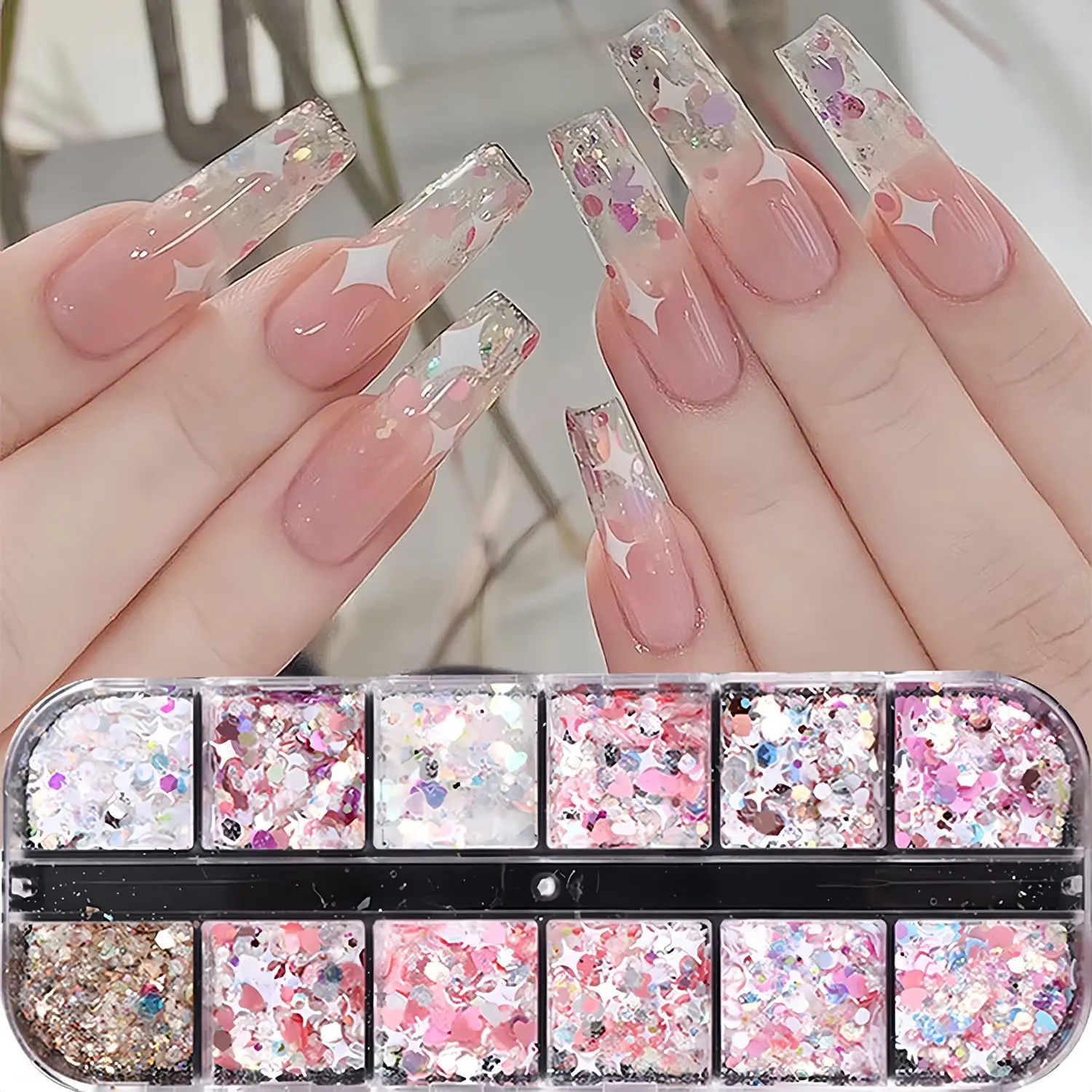 12 Gitter rosa Glitzer Herz Stern Nägel Pailletten 3D holographische Sechseck Bling Liebe Kreuz Stern Nagel Flocken gemischt Weihnachten Nagel Pailletten