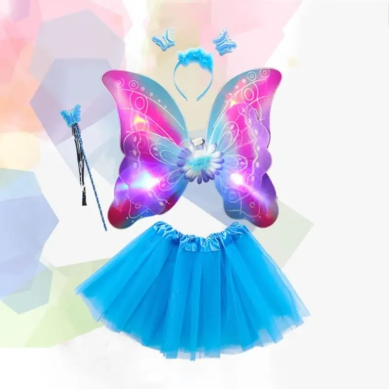 4Pcs Girls Fairy Cosplay Costume Set Tulle Skirt Double Layer Butterfly LED Wings Wand Headband Princess Stage Dress Up