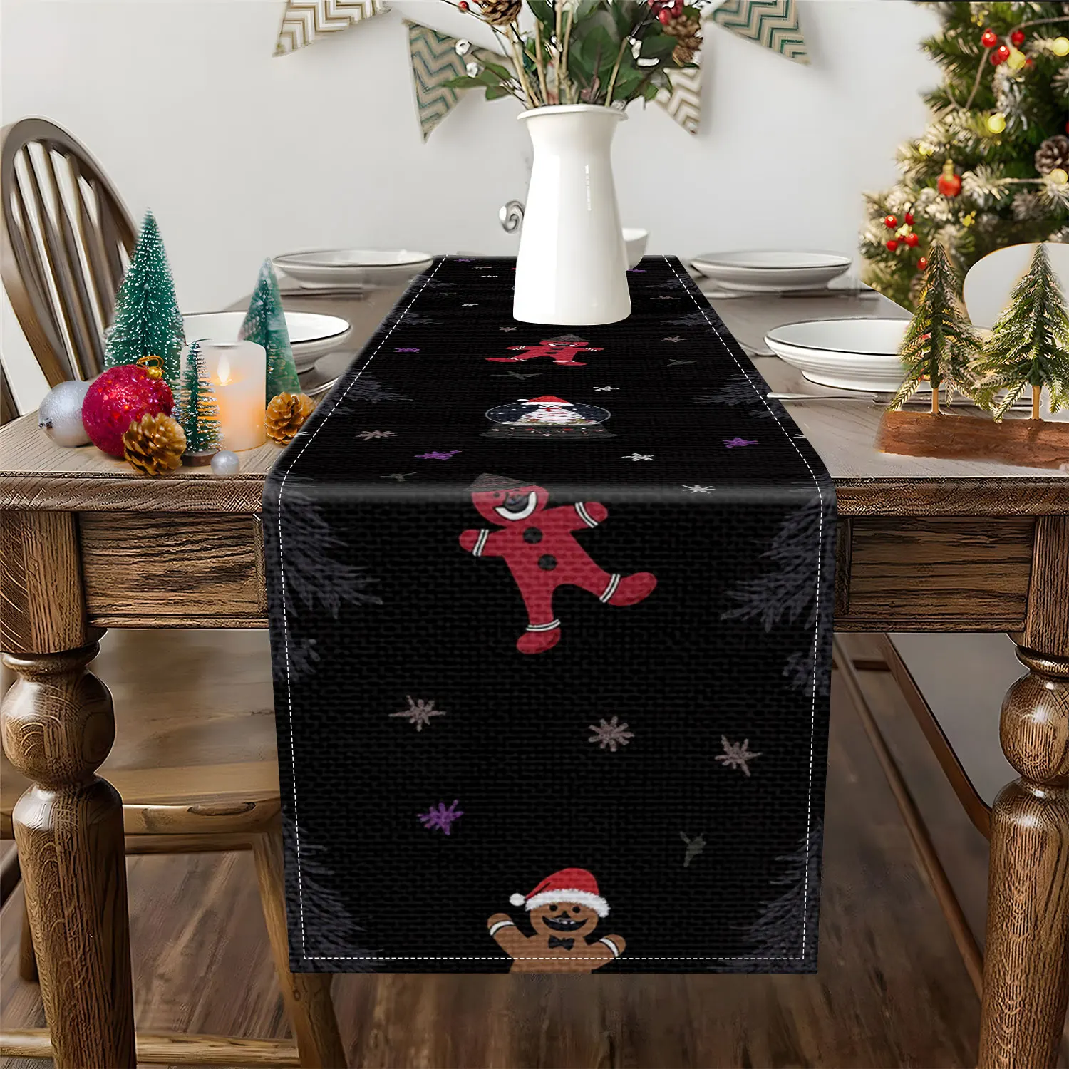 1 Piece of Christmas-Themed Table Runner, Featuring Gingerbread Men, Christmas Hats, Snowflakes, Etc., Suitable for Christmas Parties, Holiday Decorations, Etc
