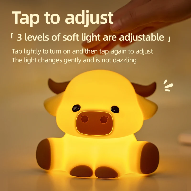 Lampka nocna Highland Cattle z timerem, lampki LED do karmienia, lampka biurkowa anime, dekoracje do pokoju, lampki silikonowe, prezenty urodzinowe dla dzieci.