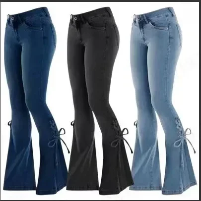 

Flare Pants for Women Vintage Jeans Lace Up Stretch Mid Waist Skinny Distressed Washed Streetwear Female Denims Trousers
