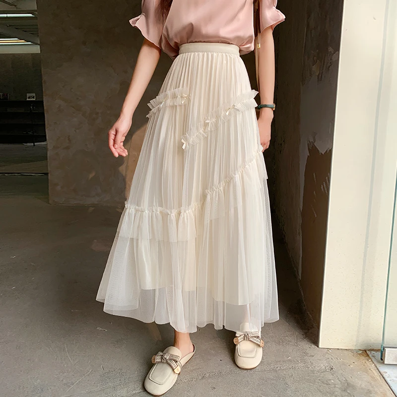 

Sweet Solid Bow Gauze Patchwork Loose Skirt Women Leisure Basics Outing Folds Skirts 2024 Summer Fashion New Tide