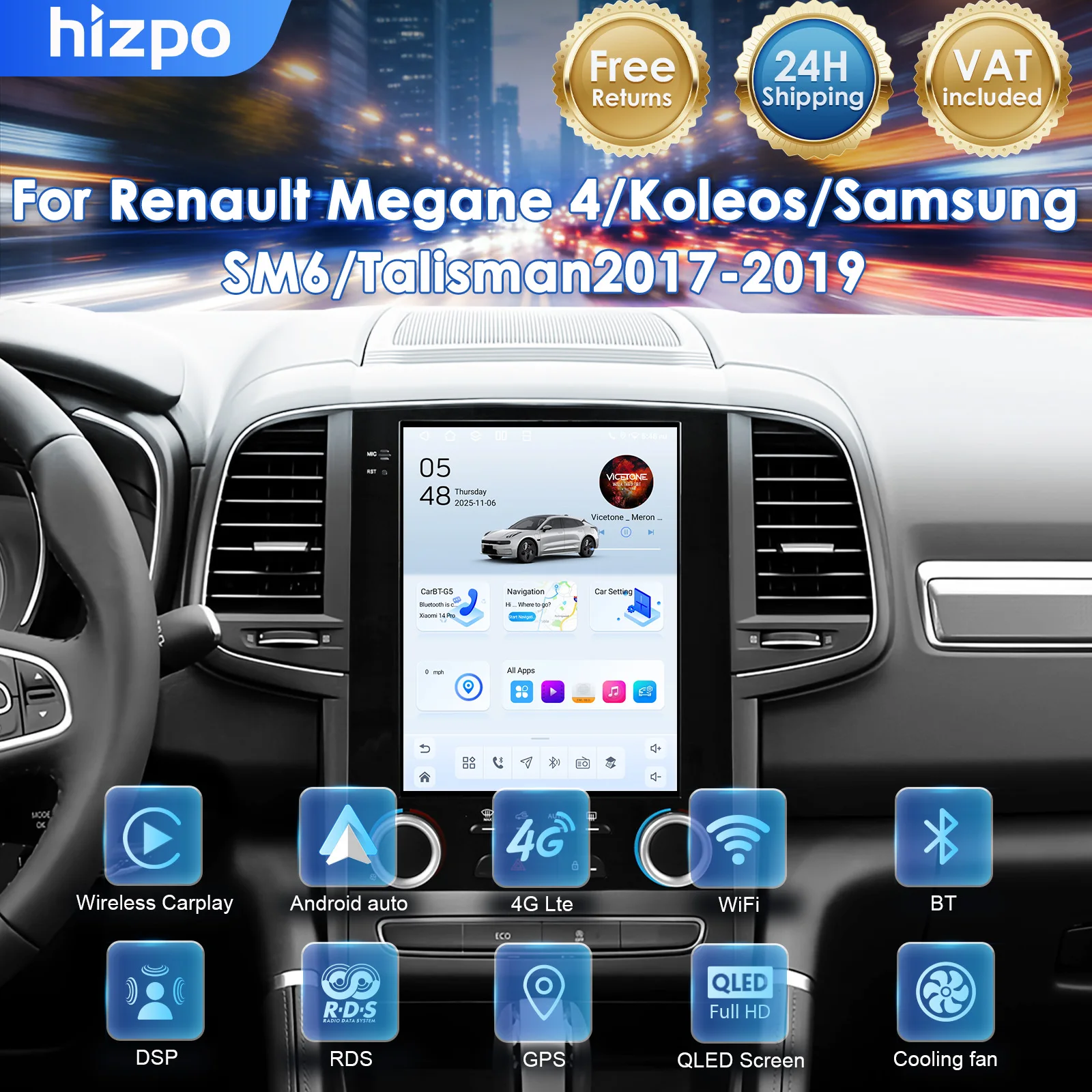 Monitor Smart Hizpo da 9,7 Pollici per Renault Megane 4/Koleos/Samsung SM6/Talisman 2017 - 2019, Unità Principale Stereo con Schermo QLED 8+128G