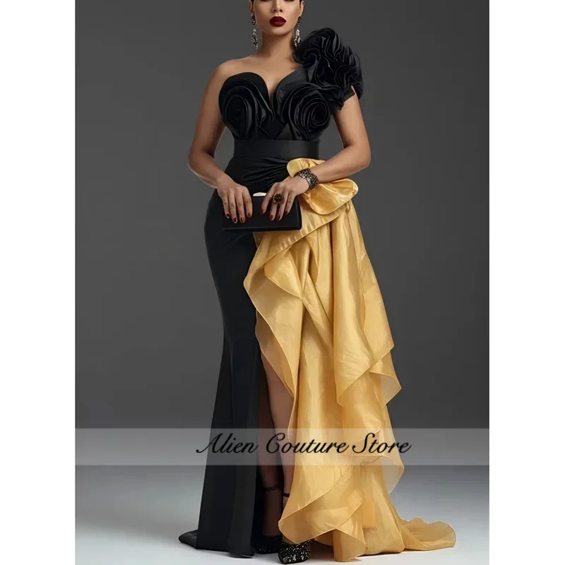 Customized Black Gold Ruffles Prom Dress 2026 One Shoulder Flowers Women Evening Gowns Sheath Wedding Guest Dress Long