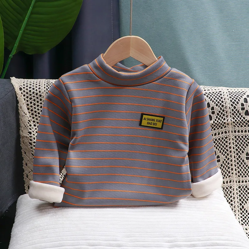 Winter Children Shirts Fleece Warm Tops for Kids Long Sleeve Boys Undershirts Stripe Girl T-shirts Plus Velvet Baby Tees Clothes