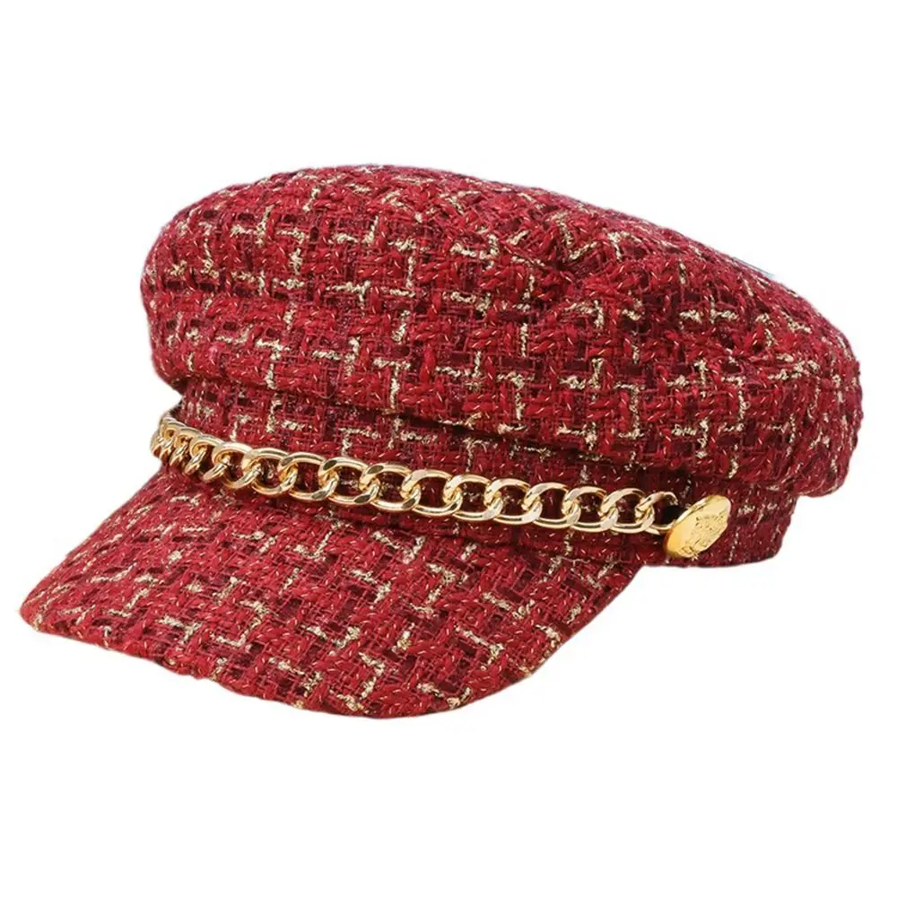 Fashion Elegant For Female Metal Chain Artist Hat Autumn For Girls Plaid Beret Women Visors Cap Octagonal Cap Painter Hat