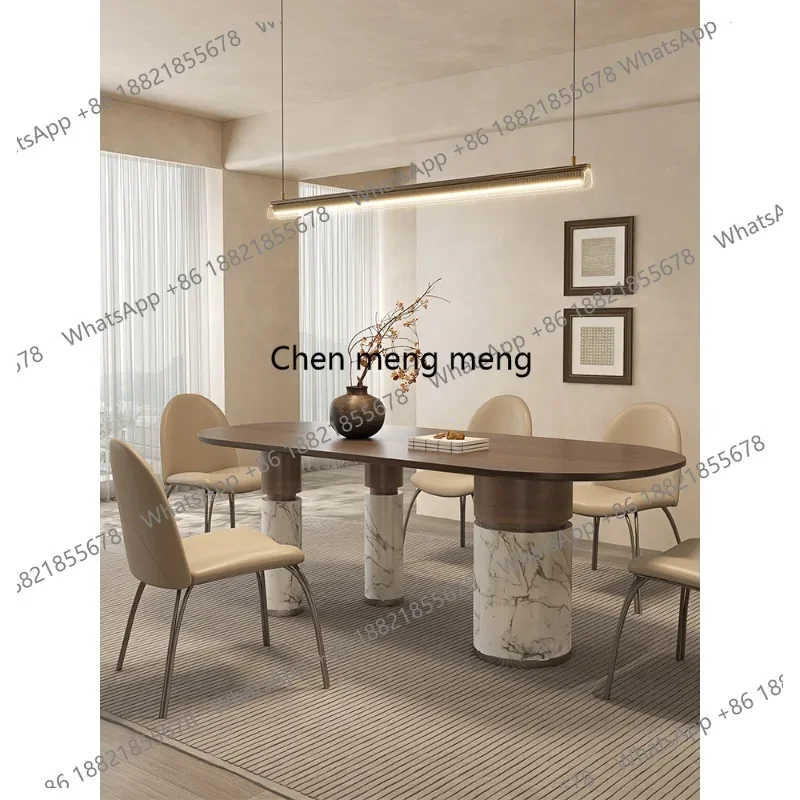 A139 Wabi Sabi Rectangle Dining Table and Chair Combination Italian Minimalist Marble Dining Table Household Walnut Color