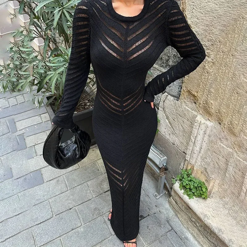 TRAUXY Elegant O Neck Knitted Hollow Out Long Dress Female High Waist Bodycon Dress Fashion Party Dress Full Sleeve Solid Color