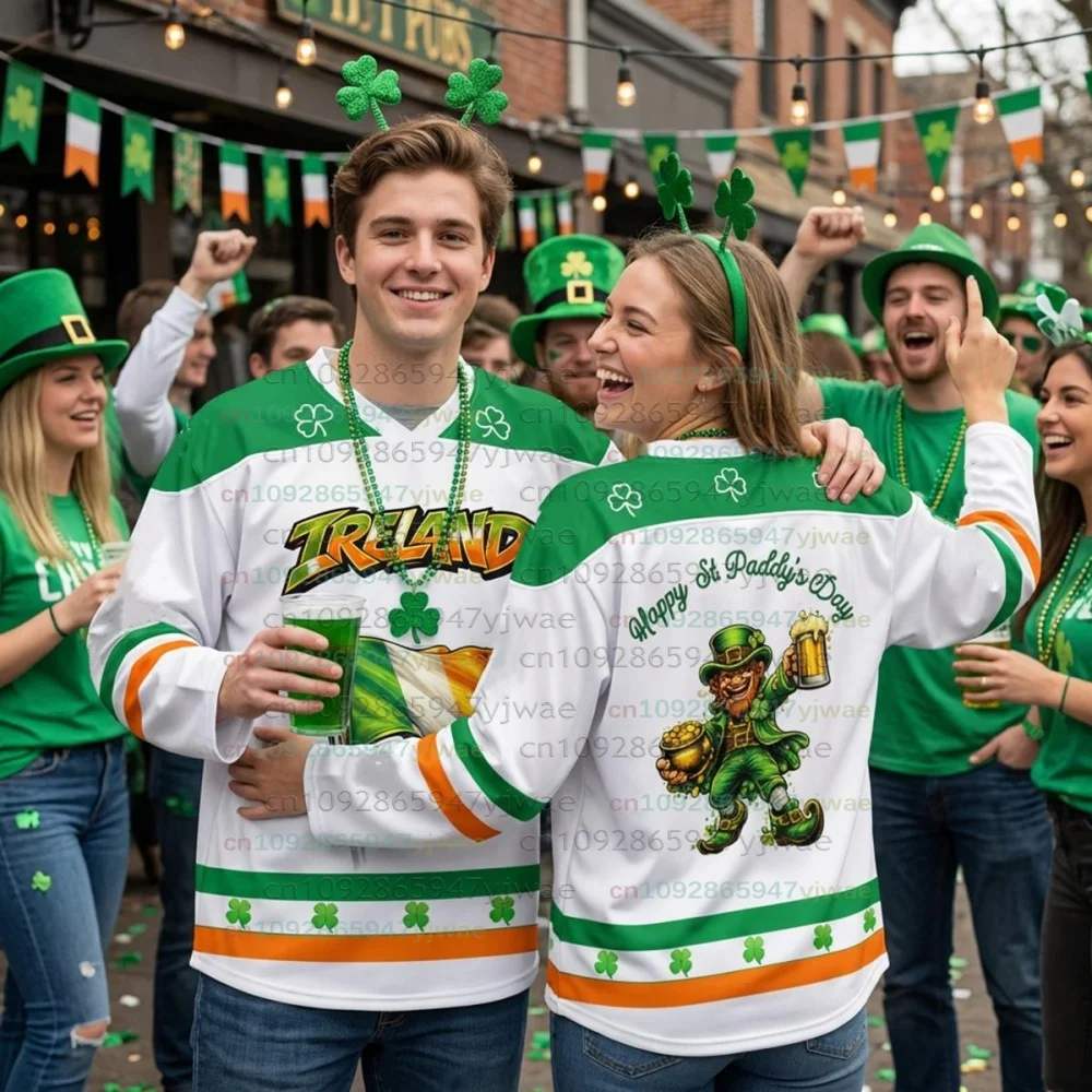2026 women  New St Patrick's Hockey Jersey Long Sleeves Tee Men's Women Ireland Flag Green V-Neck T-Shirt Unisex Tops Pullovers