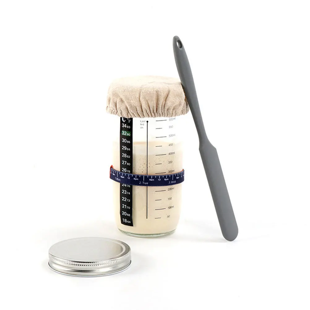 

1Set Large Capacity Sourdough Starter Jar Glass Sealed Container Silicone Spatula Elastic Band Temperature Paper for Accurate