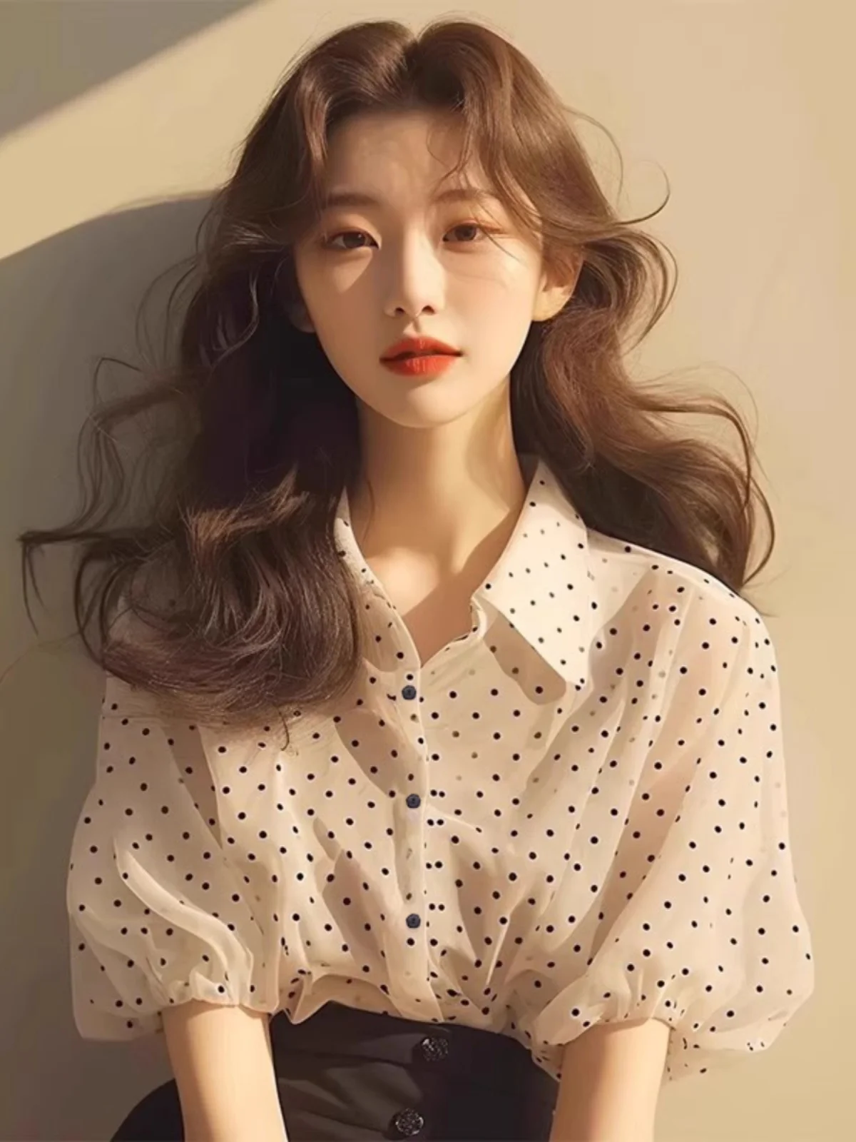 

Ele Unique White Polka Dot Print Chiffon irt Women's Summer Faion Design Top Korean Sle Loose Fit ort Sve