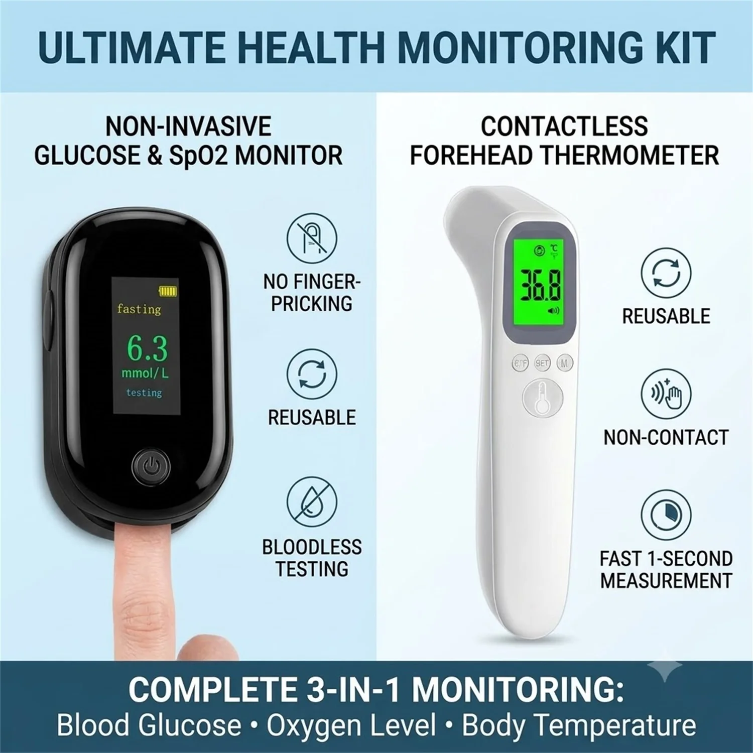 3 In 1 Non-contact Forehead Thermometer & Non‑Invasive Blood Glucose, Blood Oxygen Finger Pulse Monitor
