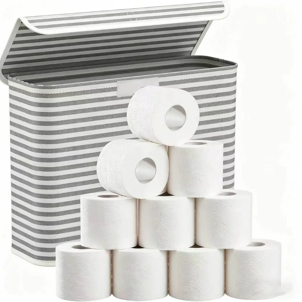 Container Foldable Toilet Paper Holder With Lid Space-Saving Bathroom Tissue Box Stripe Printed Storage Basket Living Room view 5