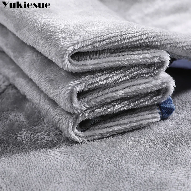 Inverno grosso velo quente solto mãe calças retas jeans feminino cintura alta casual streetwear feminino azul denim calças vestir