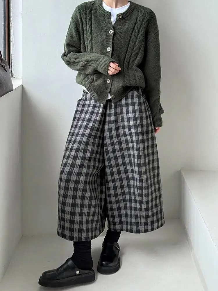 EAM Plaid High Elastic Waist Wide Leg Ankle Length Vintage Pants New Trousers Women Fashion Tide Autumn 2026 30A4051