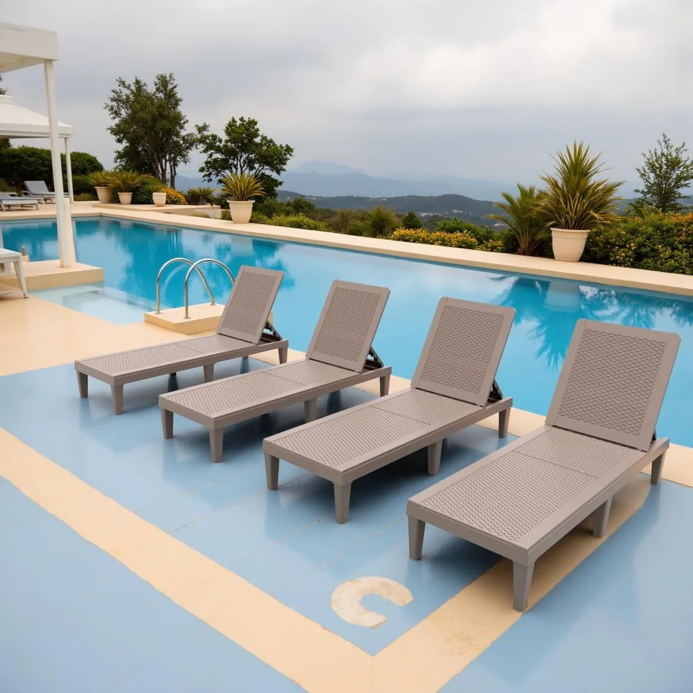 

Outdoor Chaise Lounge Chairs Set of 4 with 5-Position Adjustable Backrest, Waterproof PP Sun Loungers for Garden Pool Beach
