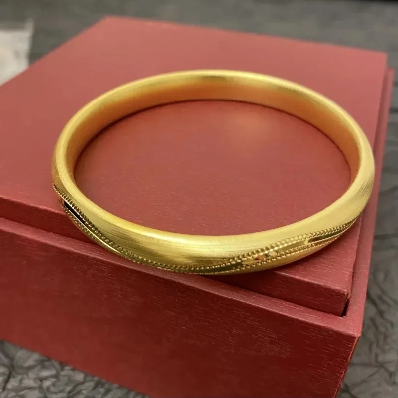 Gold Plated Fade Resistant Traditional Sand Gold Brushed Wavy Texture Bangle Solid Closed Design Vintage Versatile Jewelry Gift