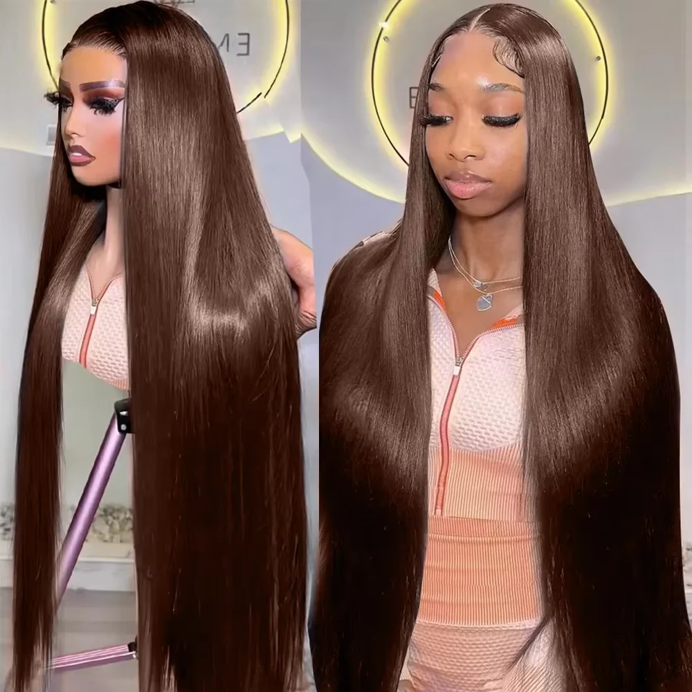 #4 Peluca de Cabello Humano con Frente de Encaje 13x4, Color Chocolate Marrón, Larga y Lisa, Densidad 220, Max-lace, Pelucas con Frente de Encaje HD 13x6 para Mujer