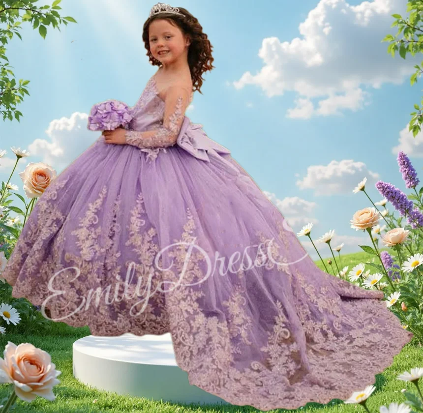 

Customized Lilac Tulle Flower Girl Dresses For Wedding Baby Floor Length With Bow Kids Birthday Party First Communion Ball Gown