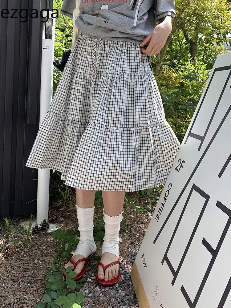 

Ezgaga Plaid Skirts Women Patchwork Vintage Stretch High Waist Sweet Elegant Summer Fashion Cake Skirt Preppy Style Female