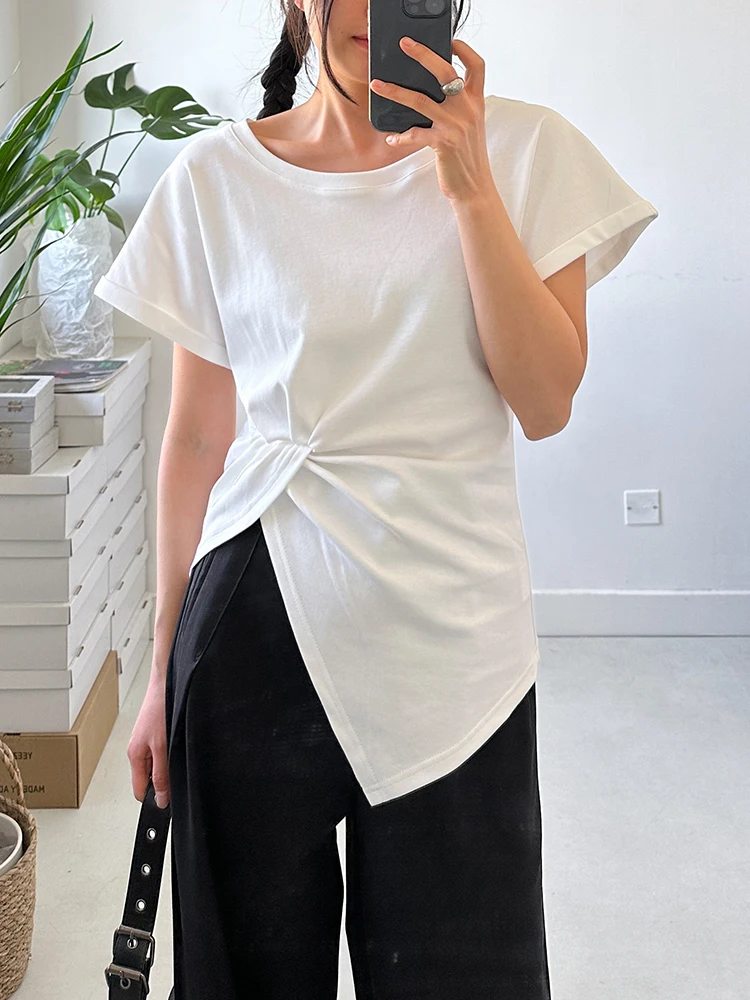 Tannt Women T-shirt Irregular Split Short Sleeves Cotton Black White T-shirt Tops Asymmetry Fashion Summer Women T shirt 2024