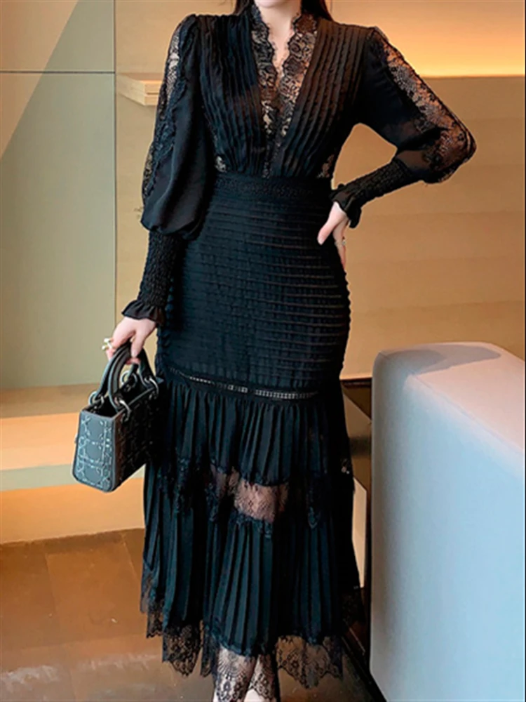 Fall Lange Mouwen Luxe Solid Black Boho Party Jurken 2023 A-lijn Jurk Hoge Taille Vintage Runway Borduren Lente Kant