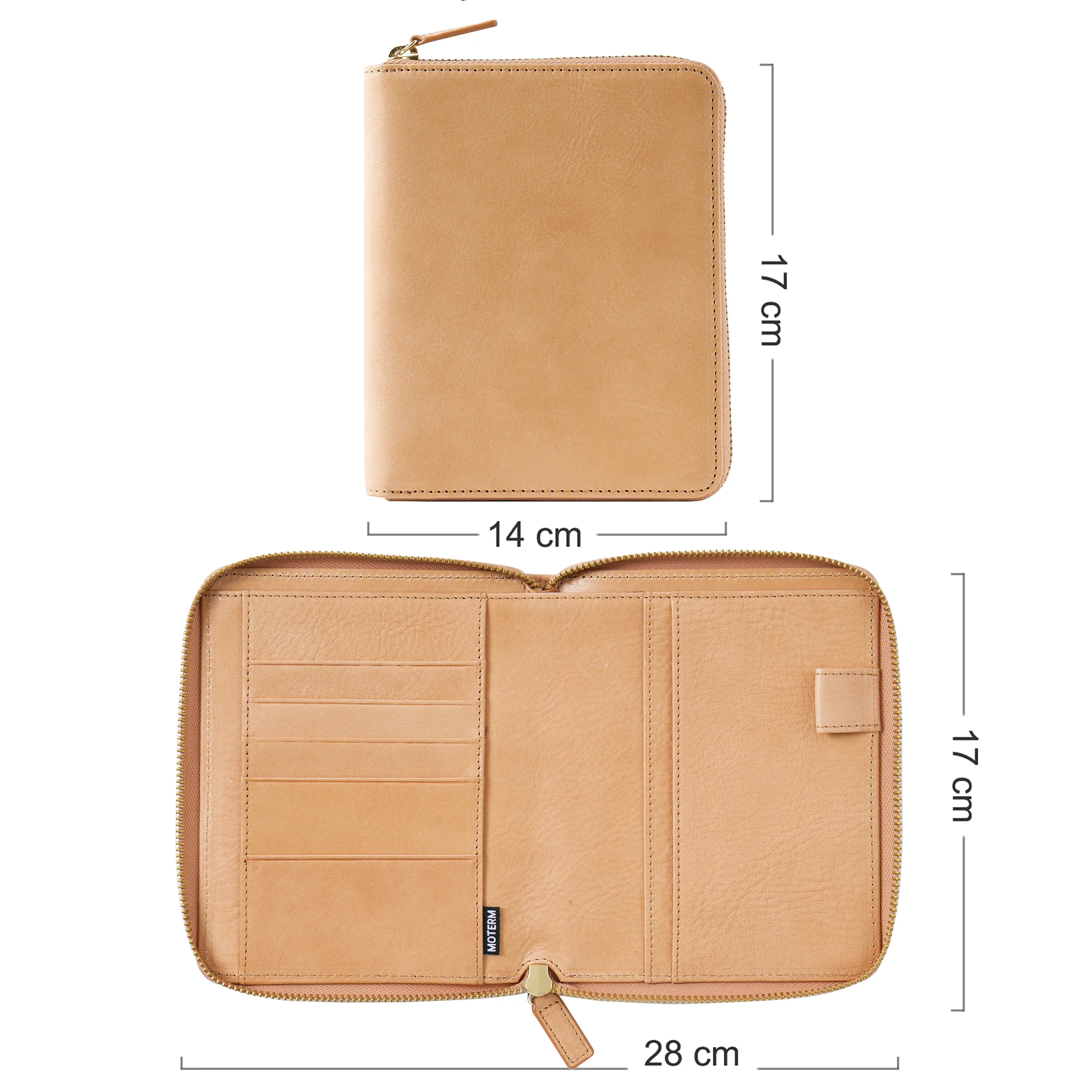 Moterm Skóra garbowana roślinnie A6 Size Zip Cover z górną kieszenią Skóra bydlęca Planner Zipper Notebook Organizer Agenda Dziennik Pamiętnik