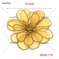 (2pcs)Rhinestone Head Band Applique Flowers, 3D Wire Flower Petal for Wedding Decoration, WHD-110