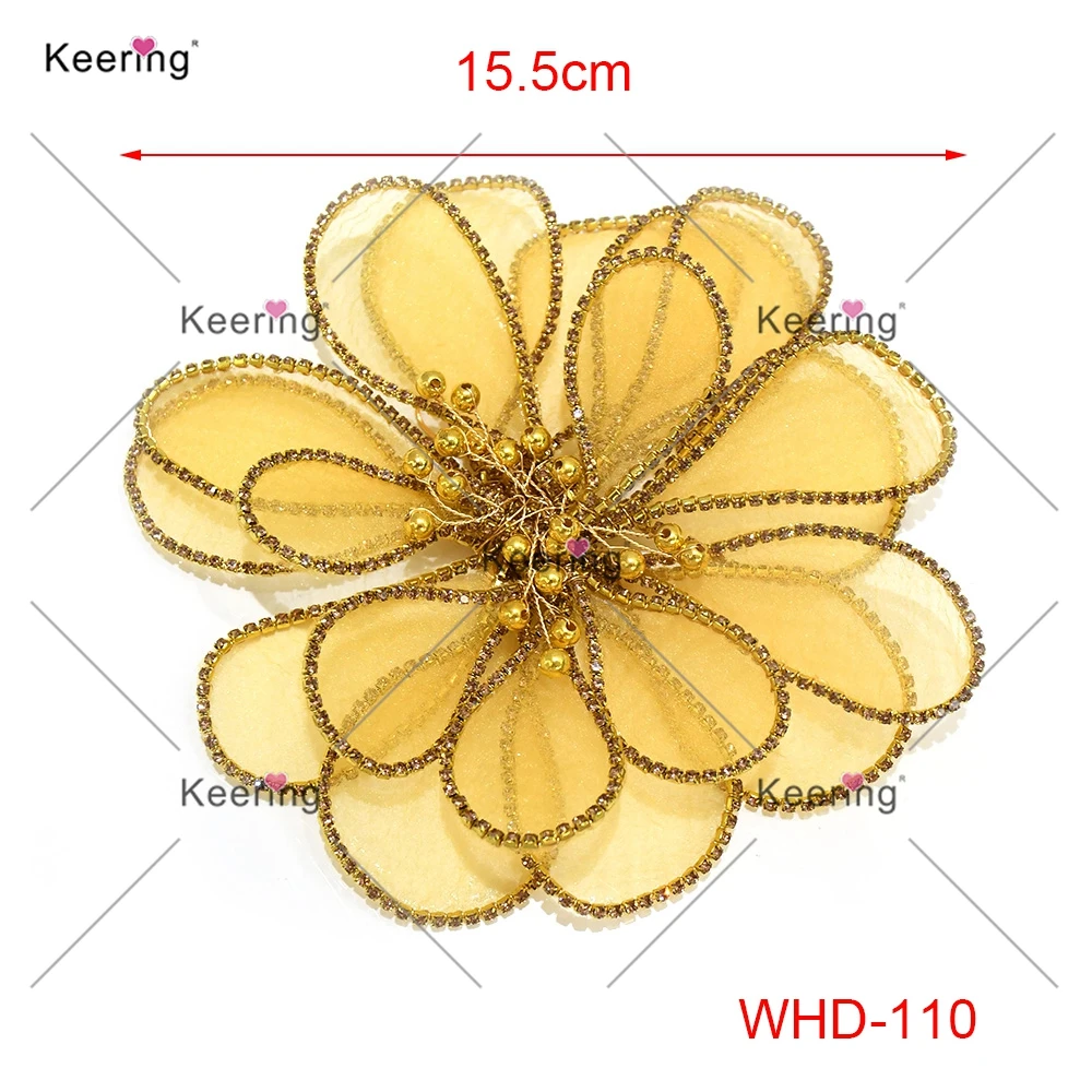 Rhinestone Head Band Applique Flowers, 3D Wire Flower Petal  for Wedding Decoration, WHD-110