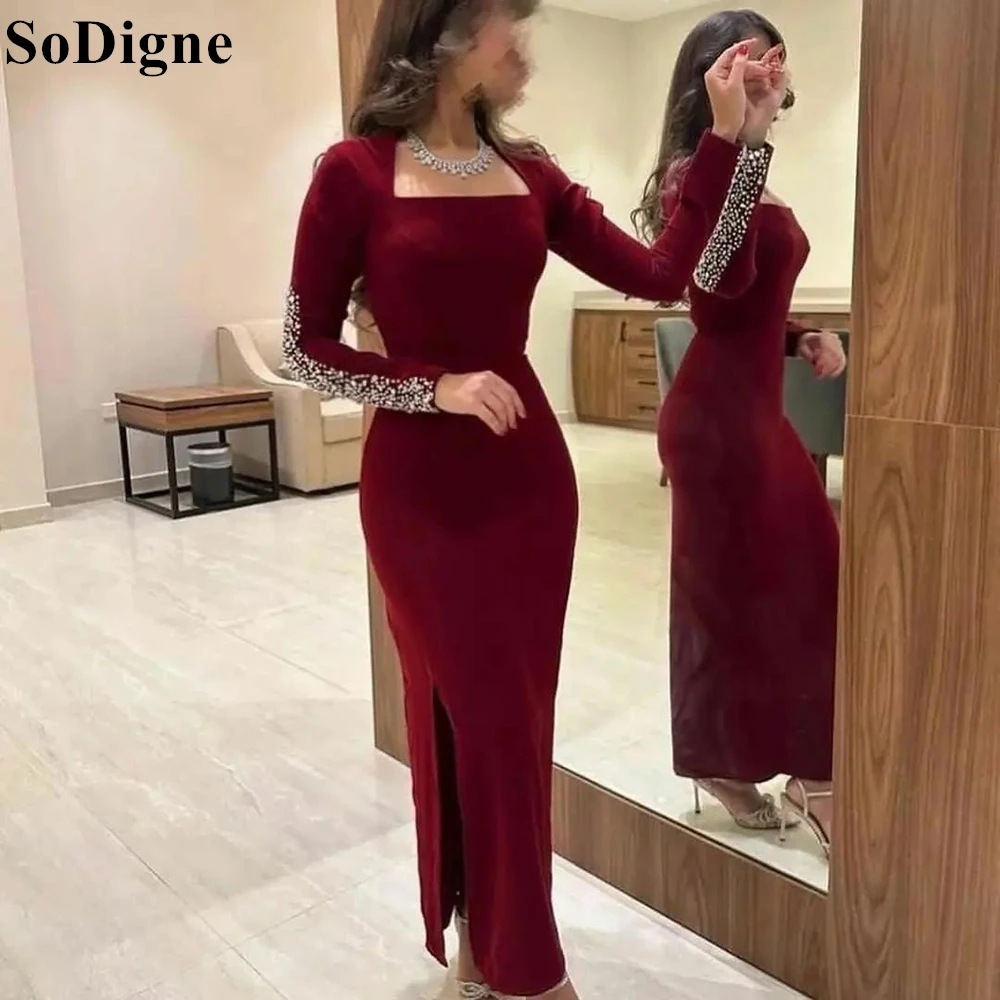 SoDigne Burgundy Mermaid Evening Dresses Long Sleeve Beading Side Slit 2024 Elegant Formal Occasion Party Prom Gown Saudi Arabia