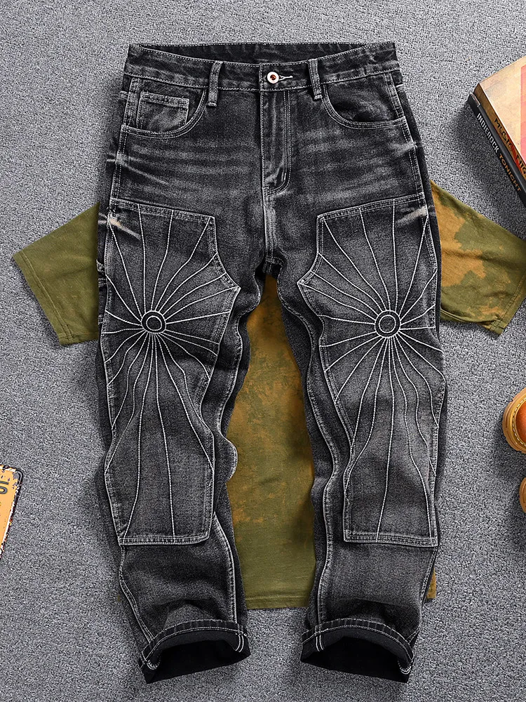 

Мужские американские винтажные джинсы в стиле High Street, с вышивкой, свободные прямые джинсовые брюки с пэчворком, модные брюки больших размеров
