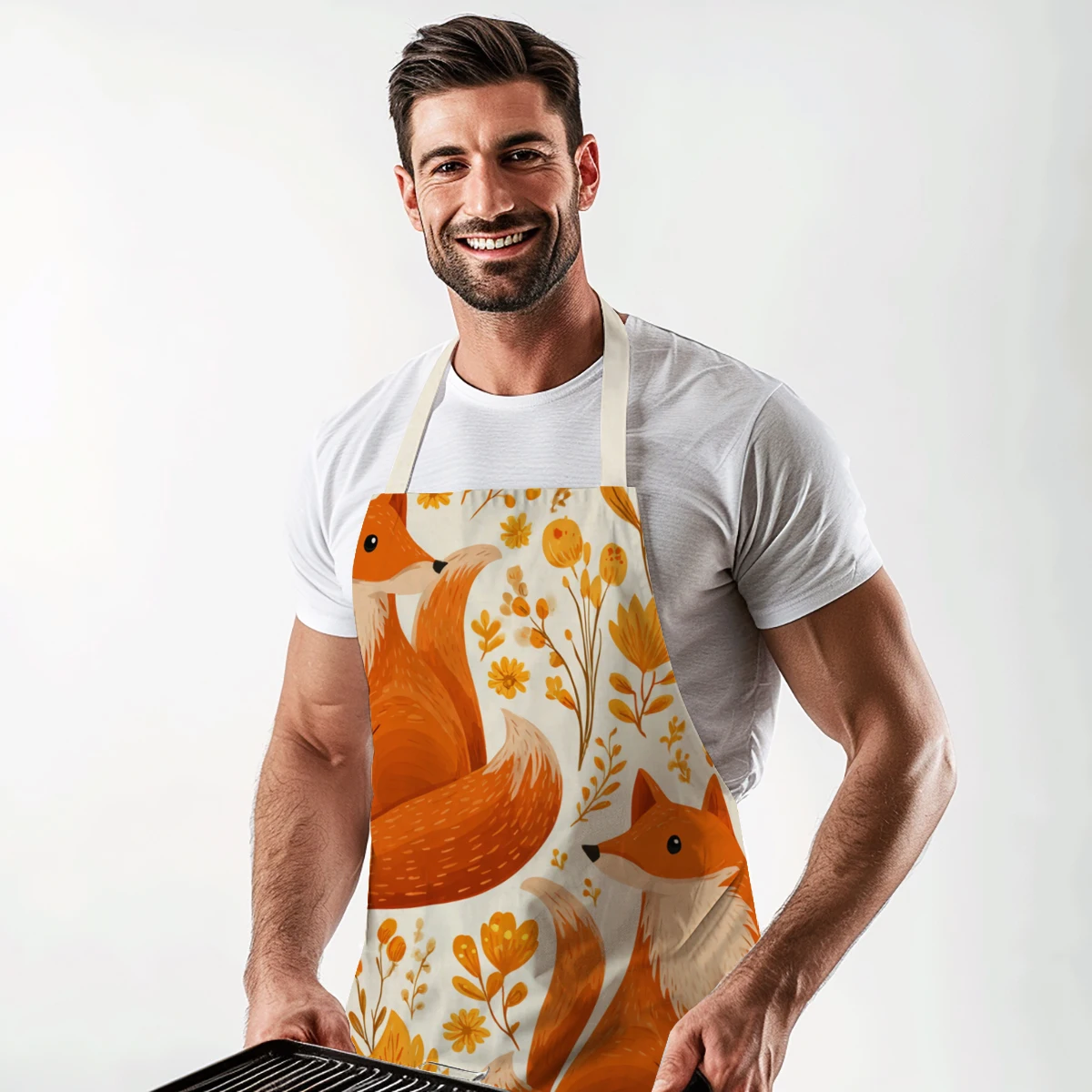 Cute Fox & Maple Leaf Pattern Polyester Apron - Stylist Cooking Baking Apron for Home, Art Studio & Daily Use