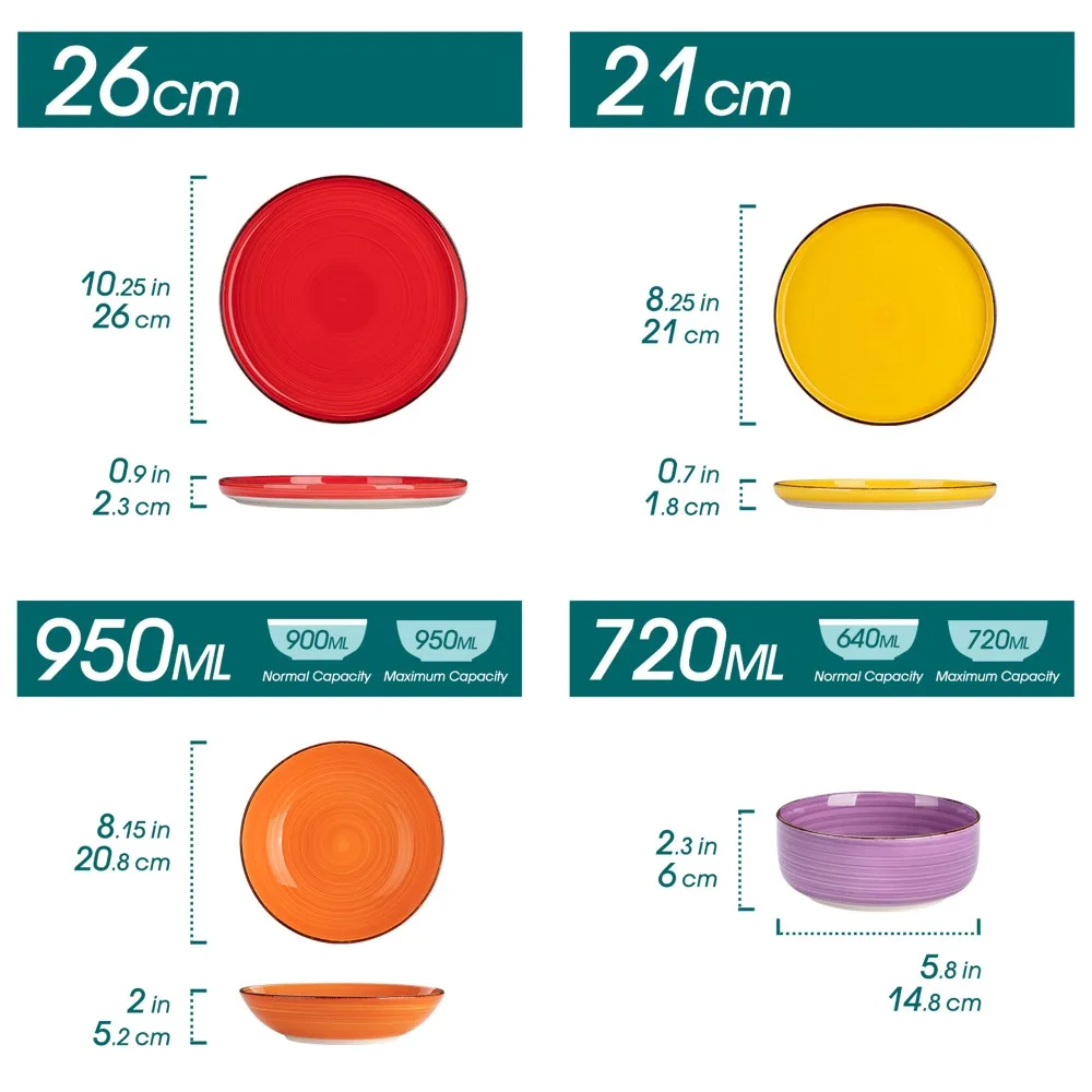 Vancasso 24PCS Ceramic Plate Tableware Set Mix-Color Handpainted Spirals Pattern 6PCS Dinner Plates/Dessert/Bowl/Soup Plates