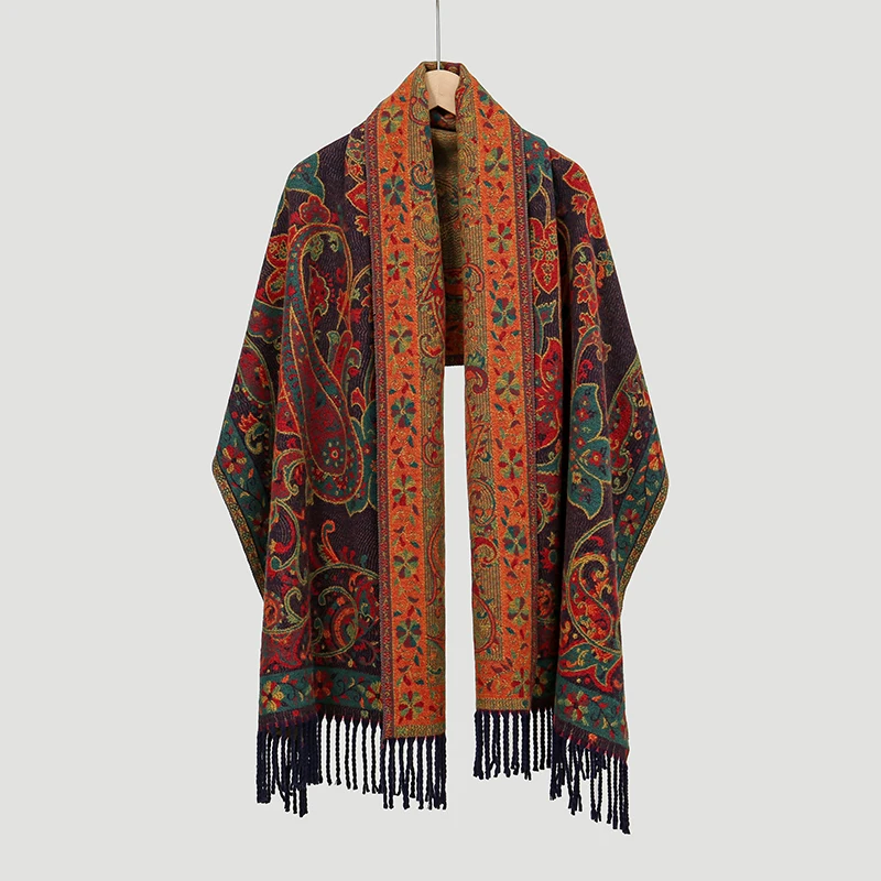 Winter Warm Thick Ethnic Style Jacquard Scarf Outdoor Women Travel Paisley Cashmere Tassel Shawl Neck Wrap Pashmina Floral