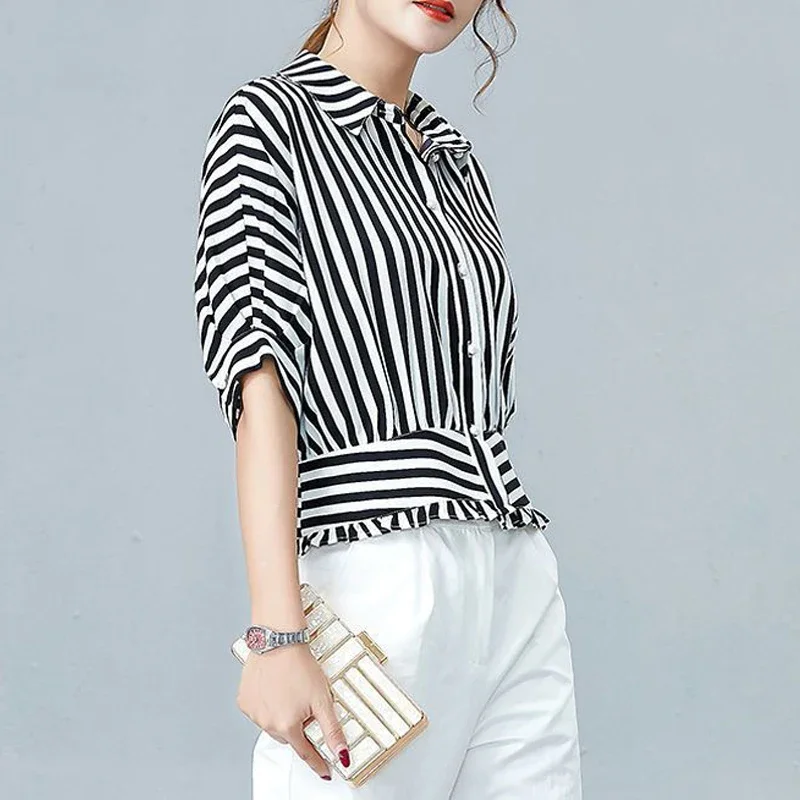 Women Ruffles Striped Shirts Summer Elegant Office Lady Business Casual Blouse Short Sleeve Loose Tops Blusas Mujer De Moda 2023