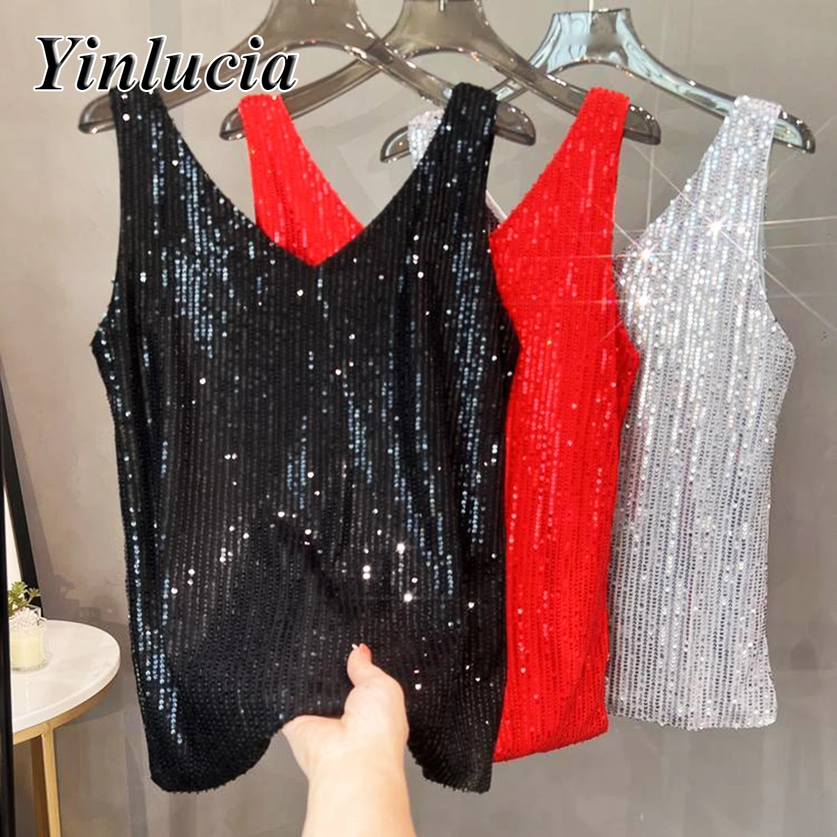 

Sparkling V Neck Vest Shiny Sequin Tank Tops Women Classic Hot Babes Sexy Nightclub Style Party Comfortable Soft Lining 2025New