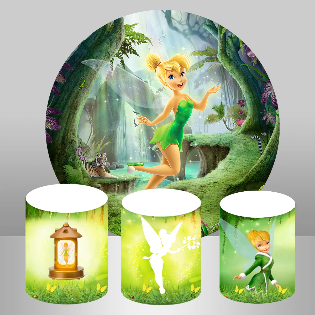 Fairy Princess Round Backdrop Cover Tinker Bell Birthday Party Green Background Tinkerbell Theme Party Cake Table Decoration