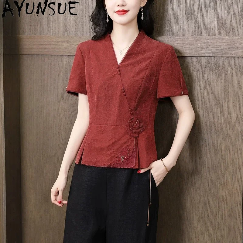 AYUNSUE 100% Real Mulberry Silk Women T Shirts Xiangyunsha Slim Fit Tops for Women New Vintage Summer Clothing 2026 Ropa Mujer