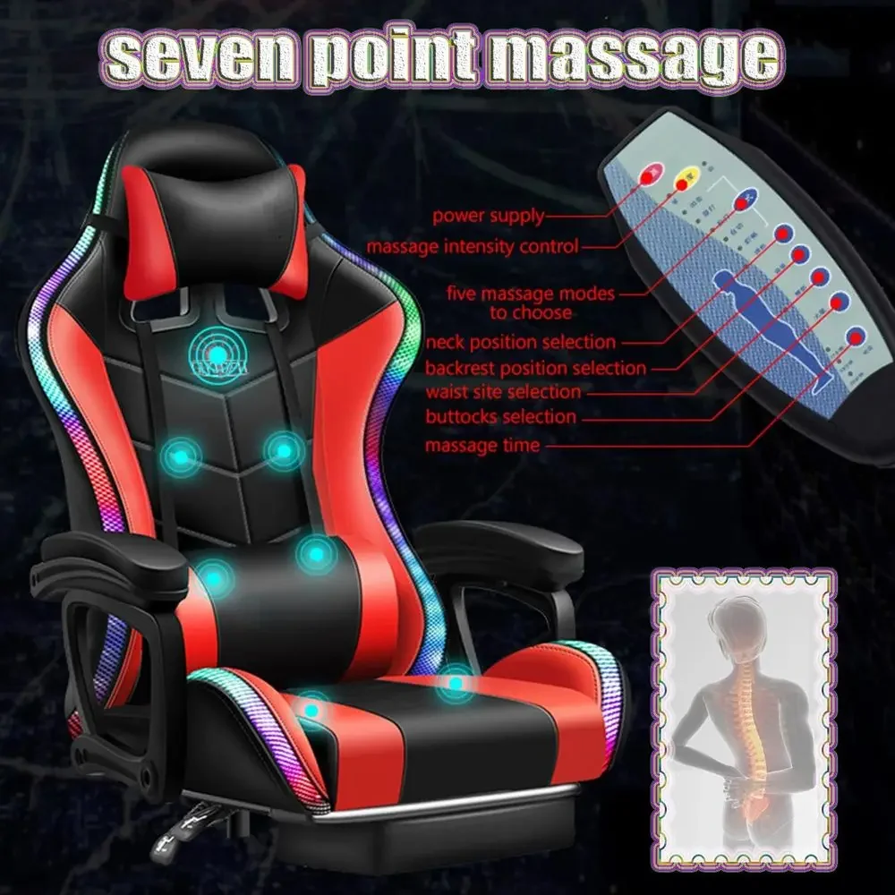 Ergonomic High-Back Gaming Chair with LED RGB Lights, Speakers, and Massage for Adults in Red view 3