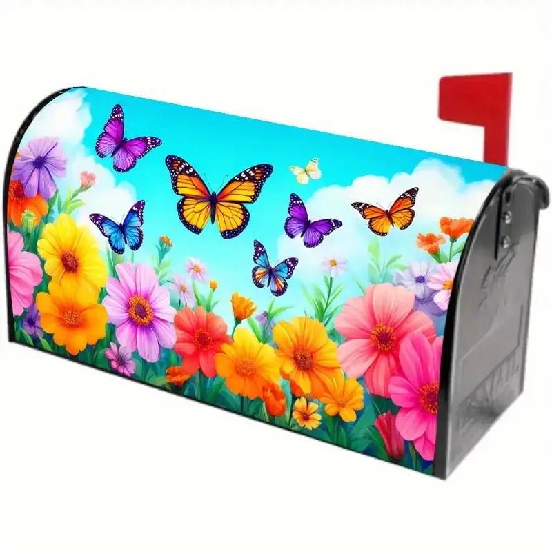 1pc Blue sky, white clouds, butterfly and flower mailbox cover, suitable for outdoor mailbox decoration for spring,summer,yards