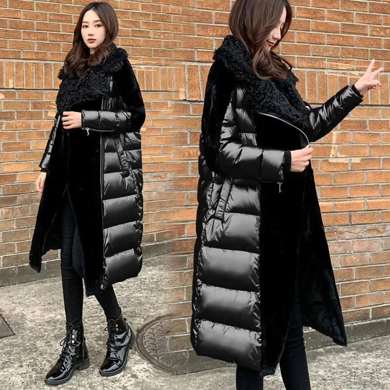 High-end Thicken Long Parkas Women Black Glossy Patchwork Lamb hair White duck down Coat Silver Winter Warm Ladies Outwear