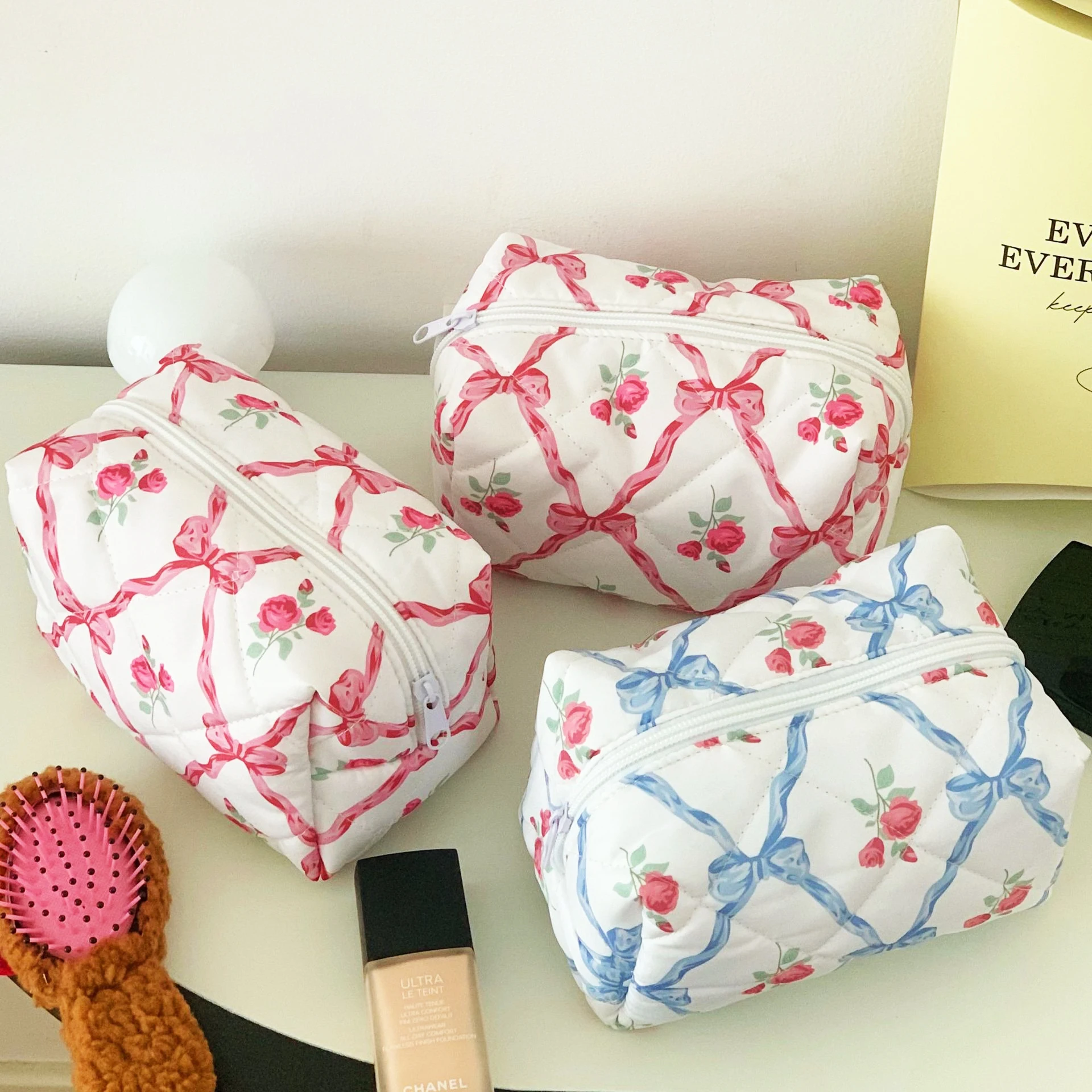 Korean Makeup Bag Pink Blue Bow Woman Washing Bag Travel Portable Cosmetics Storage Bag Sweet Female Travel Storage Pouch