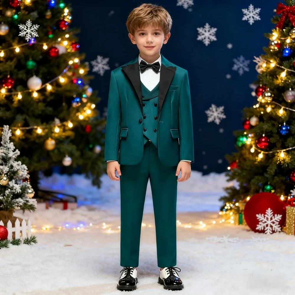 

Boys Teal Elegant Shawl Neck 4 Piece Tuxedo Set Blazer Vest Pants Bowtie Christmas Formal Wear for Kids Ages 3-14 24H Ship