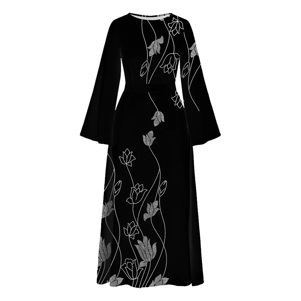 Muslim Female Black Abaya women Long Flare Sleeve Dubai Turkey Caftan Floral Print Islam Dresses Casual O Neck Robe With Belt