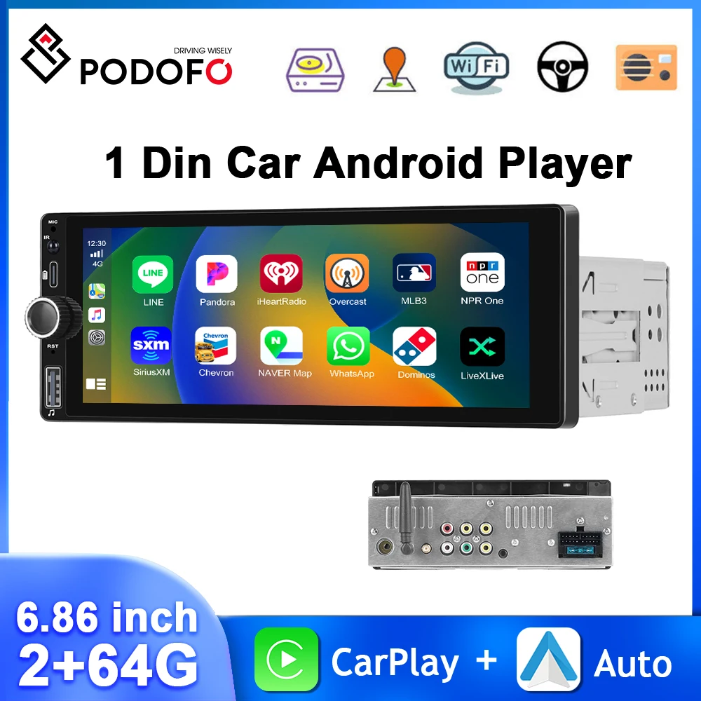 

Podofo 2+64G 1Din 6.86'' Android Car Radio Carplay Android Auto Multimedia Player IPS Touch Screen WIFI GPS Mirror Link Audio