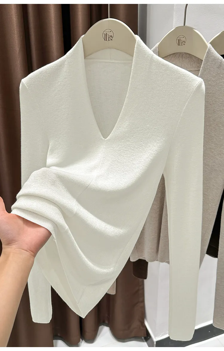AOSSVIAO Herbst Winter Schwarzer Damen-Pullover mit V-Ausschnitt, langärmelig, schmale Passform, weicher Strickpullover, weiche, vielseitige Basic-Layering-Tops – Detail 19