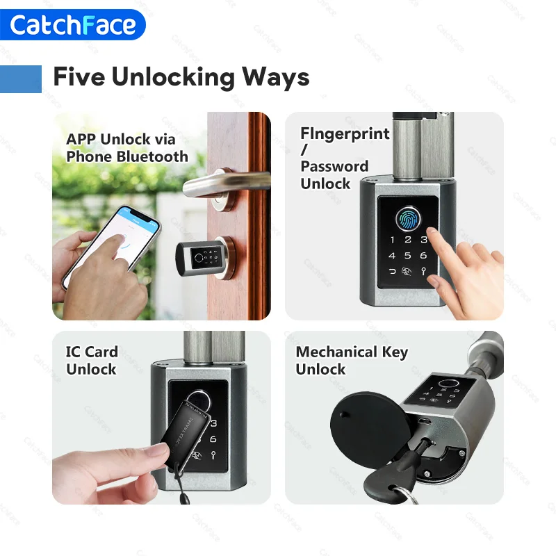 Catchface Fingerprint Frid Card Password TTLock Electronic APP Wifi Digital Cylinder Smart Door Lock Bluetooh